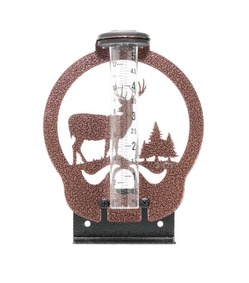 Deer with pine tree design rain deck mount rain gauge.