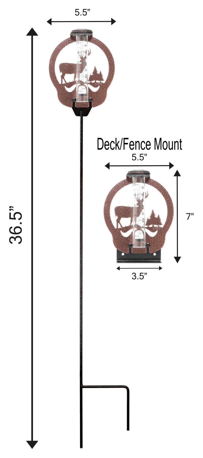Deer design rain gauge in a garden or deck mount option.