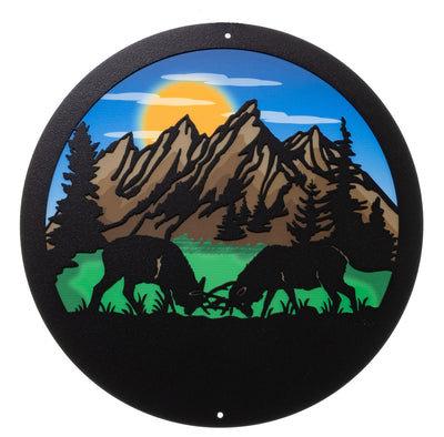Dueling Bull Elk Round Metal Wall Art / with Backer Plate