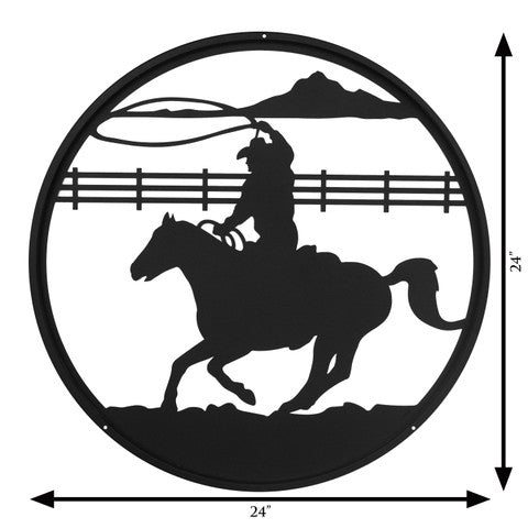 Roping Cowboy Western Round Metal Wall Art