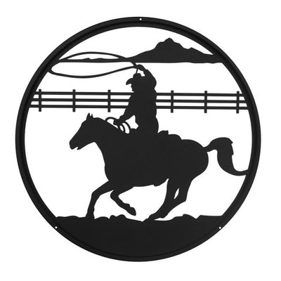 Roping Cowboy Western Round Metal Wall Art
