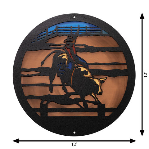 Bull Rider Round Western Metal Wall Art / with Backer Plate