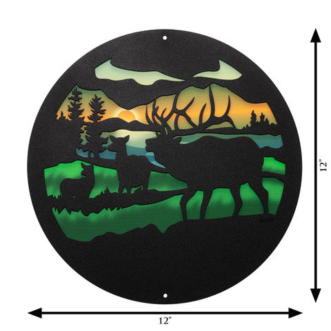 Bull Elk Design Round Metal Wall Art / with Backer Plate