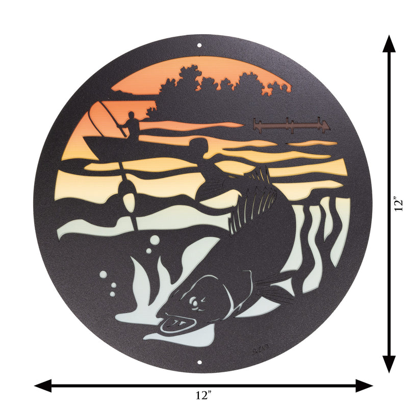 Walleye Fisherman Round Metal Wall Art / with Backer Plate