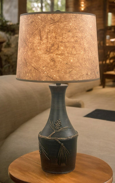 Gold Vase Table Lamp with Pine Cone Accent - Woodchip Shade