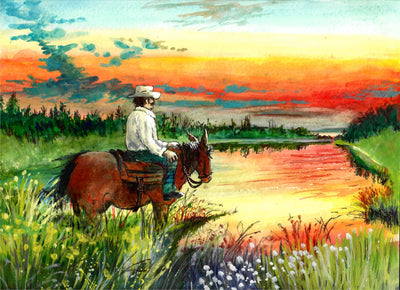 Cowboy on Horse Viewing Sunset Over Pond - Watercolor Painting