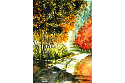 Shady Lane in Autumn - Watercolor Painting