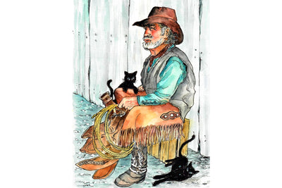 Old Cowboy and his Cats - Watercolor Painting