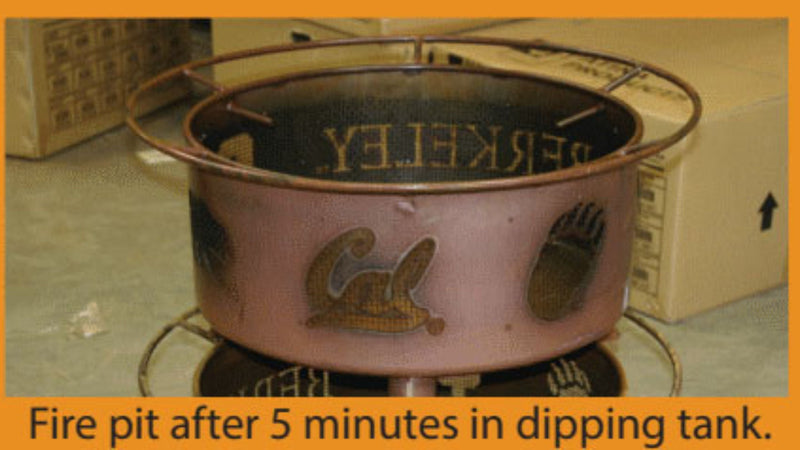 Patina Products outdoor fire pit after 5 minutes in the dipping tank.