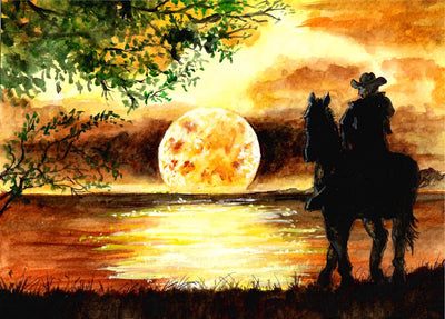 Western Cowboy with Full Moon Over the Lake - Watercolor Painting