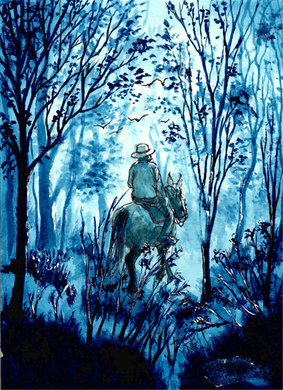 Western Cowboy in a Blue Forest - Watercolor Painting