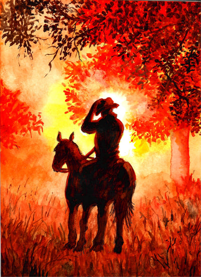 Cowboy and Horse in Sunlight - Watercolor Painting
