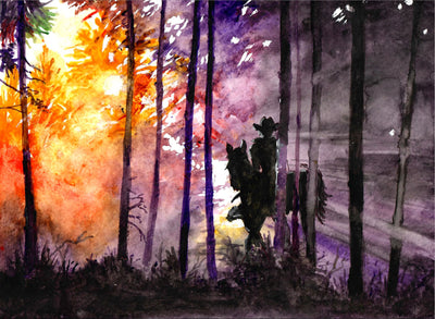 Western Cowboy in Sunlit Forest - Watercolor Painting