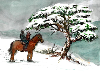 Western Cowboy and Dog Winter Scene - Watercolor Painting