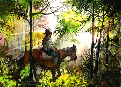 Cowboy Riding Through Sunlit Forest - Watercolor Painting
