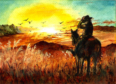 Western Cowboy with Sunset Mountain Scene - Watercolor Painting