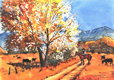 Western Cowboy Watching Over Angus Cattle - Watercolor Painting