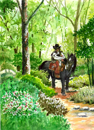 Cowboy Petting Dog on Horse - Watercolor Painting