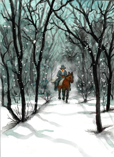 Cowboy Riding in the Snow - Watercolor Painting