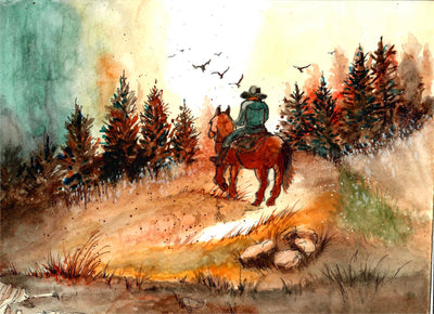 Western Cowboy Riding Over the Hill - Watercolor Painting