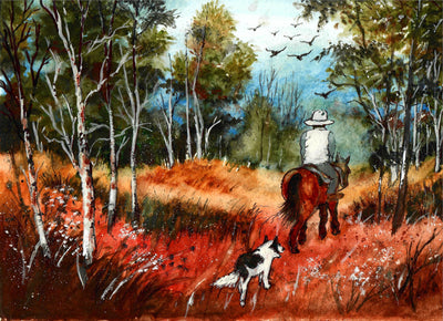 Western Cowboy with Dog Riding Through Birch Trees - Watercolor Painting