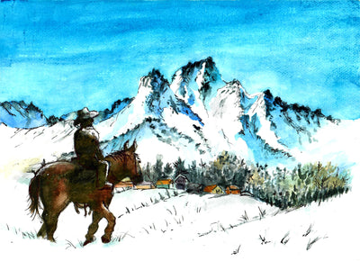 Riding Cowboy in the Snowy Mountains - Watercolor Painting