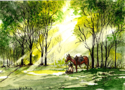 Cowboy Sitting in Green Forest - Watercolor Painting