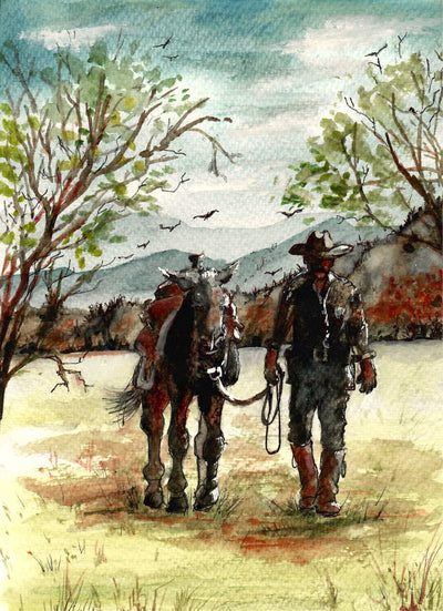 Western Cowboy Walking His Horse - Watercolor Painting