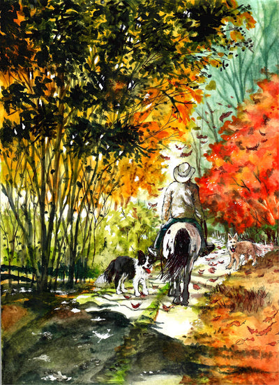 Cowboy with Dog on Autumn Road - Watercolor Painting