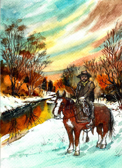 Western Cowboy by Winter Creek - Watercolor Painting