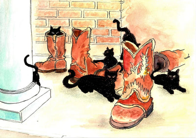 Black Cats and Cowboy Boots - Watercolor Painting