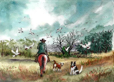 Cowboy with His Dogs Autumn Landscape - Watercolor Painting