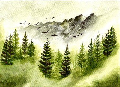 Foggy Mountain Forest  - Watercolor Painting