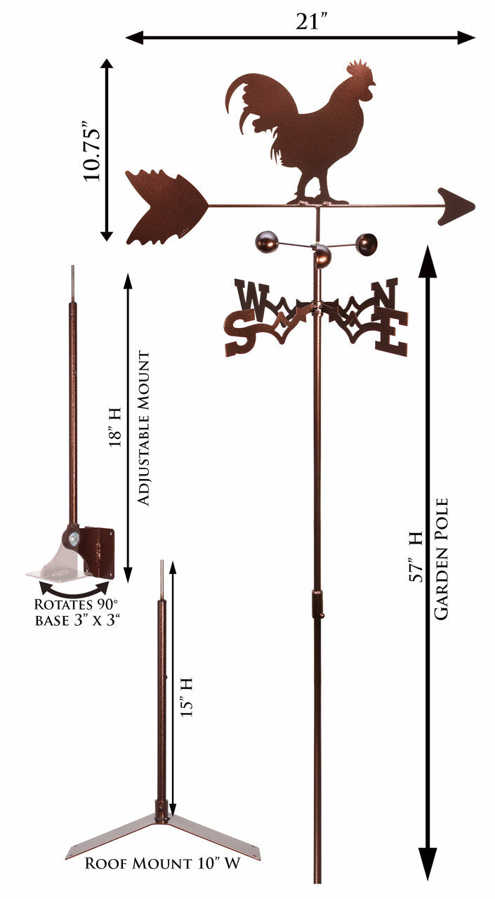 Farm Rooster Metal Weathervane product dimensions.