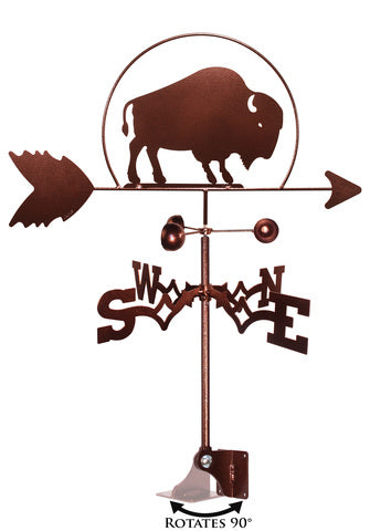 A  metal weathervane featuring a buffalo design atop directional letters, with adjustable mount.