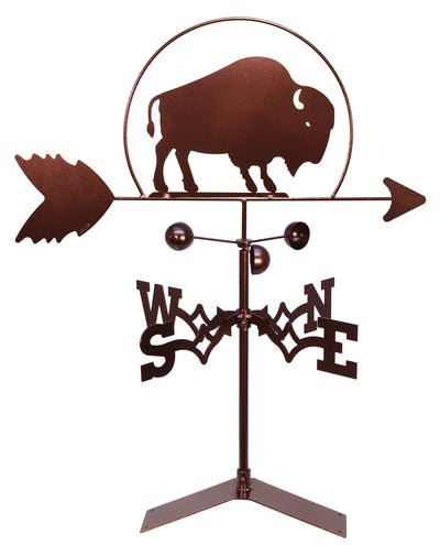 A  metal weathervane featuring a buffalo design atop directional letters, with roof mount.