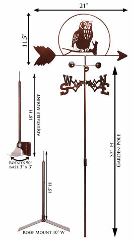 Owl Design Metal Weathervane product dimensions.