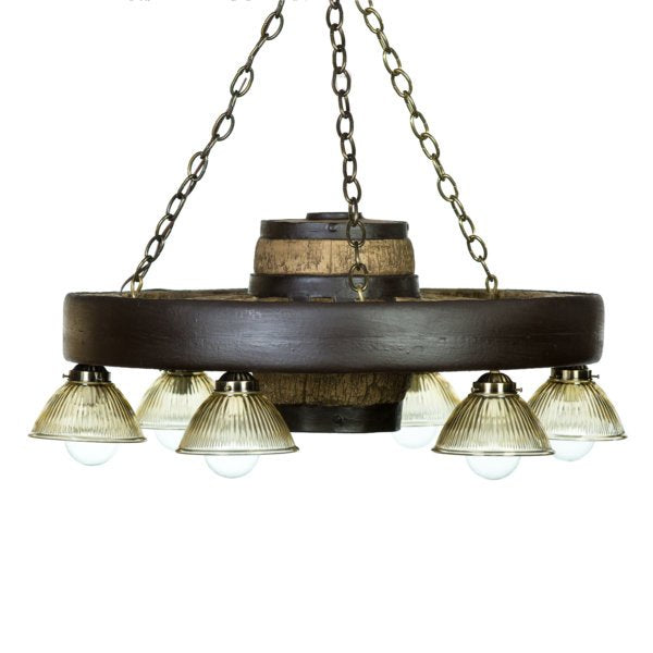 Small Wagon Wheel Reproduction Chandelier woth Down Lights