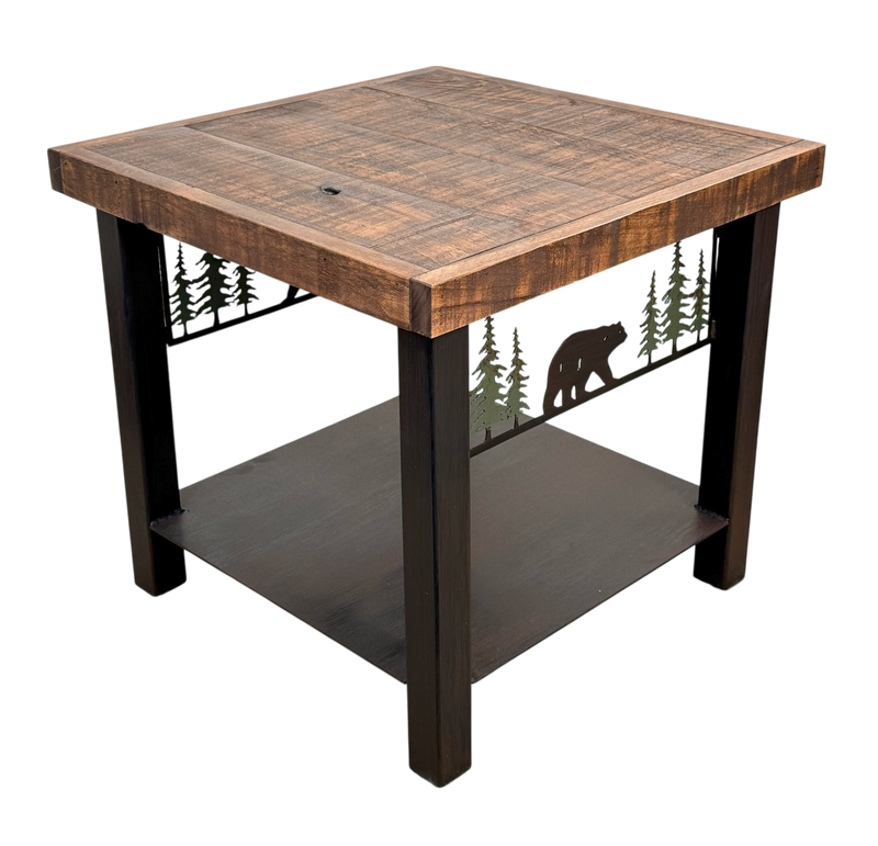 Square End Table with a Rugged Pine Tree and Bear design. The top features a rough sawn wood top with a solid metal shelf towards the bottom of the table.