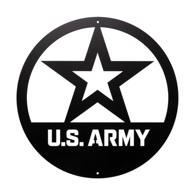 U.S. Army with a black star and 'U.S. Army' text on a white background.  United States Army round metal wall art.