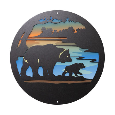 Black Bear with Cub Round Metal Wall Art / with Backer Plate