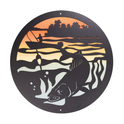 Walleye Fisherman Round Metal Wall Art / with Backer Plate