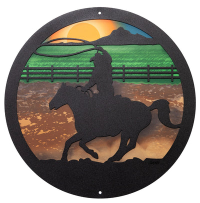 Roping Cowboy Round Metal Wall Art / with Backer Plate