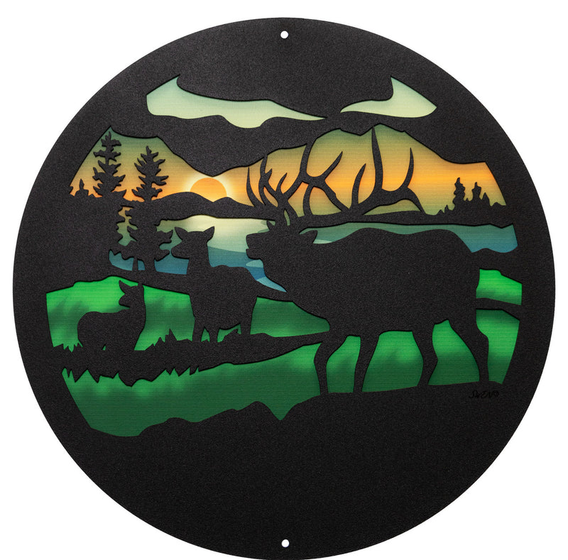 Bull Elk Design Round Metal Wall Art / with Backer Plate
