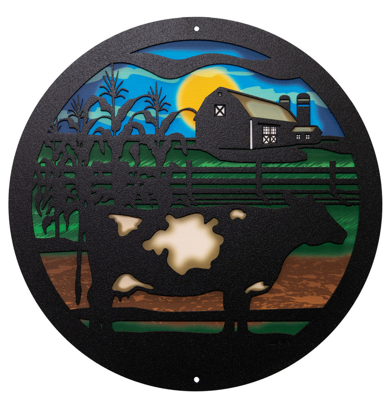 Spotted Black Dairy Cow Round Metal Wall Art / with Backer Plate