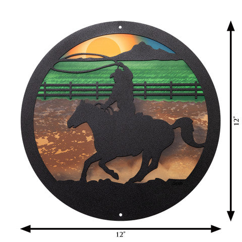 Roping Cowboy Round Metal Wall Art / with Backer Plate