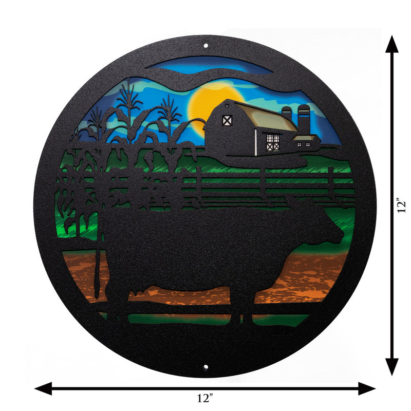 Black Dairy Cow Round Metal Wall Art / with Backer Plate