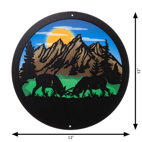Dueling Bull Elk Round Metal Wall Art / with Backer Plate