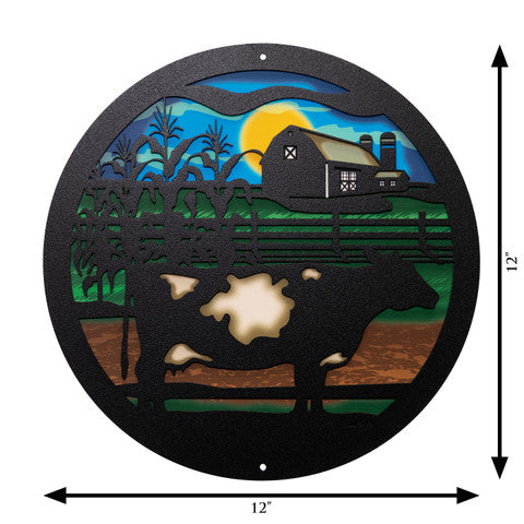 Spotted Black Dairy Cow Round Metal Wall Art / with Backer Plate