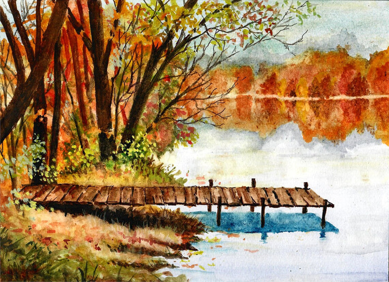 Autumn Lake Front w/ Dock - Watercolor Painting